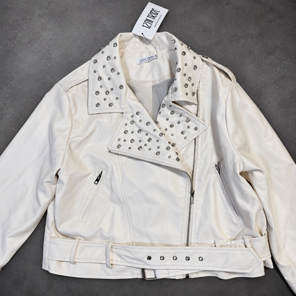 12th Tribe Crazy In Love Ivory Faux Leather Biker Jacket L Rhinestone Bridal NWT